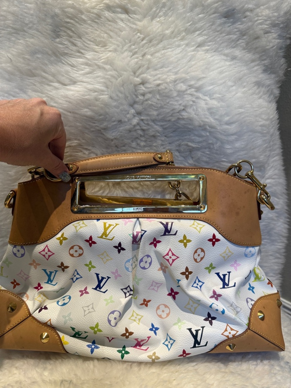 Louis Vuitton White Multicolor Murakami Judy Monogram Shoulder Bag with Tan Trim